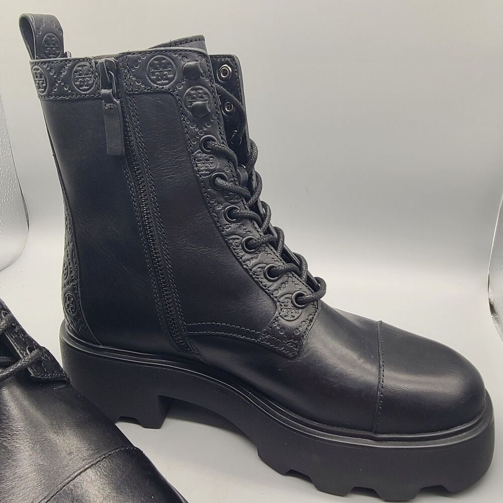 Tory Burch Women's BOOTS Combat  Black leather  T Monogram Lug Ankle  Sz 8.5 NEW - Picture 5 of 11